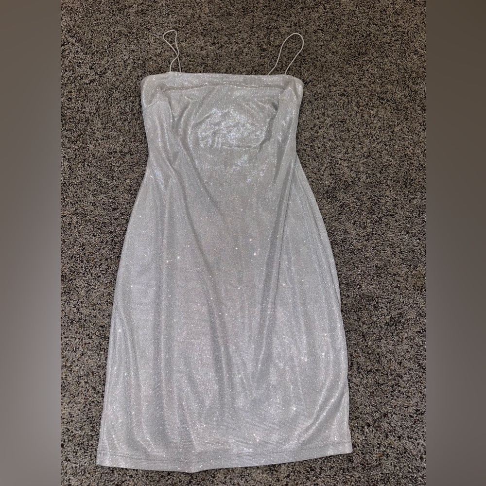 silver shimmery dress